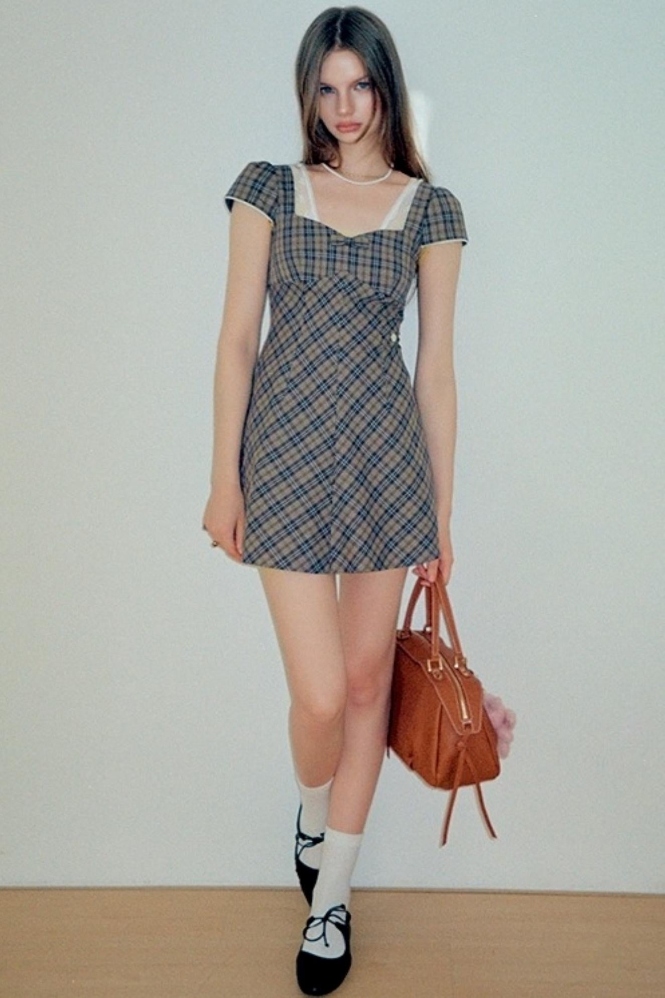 Plaid Lace Bow Short Sleeve Dress