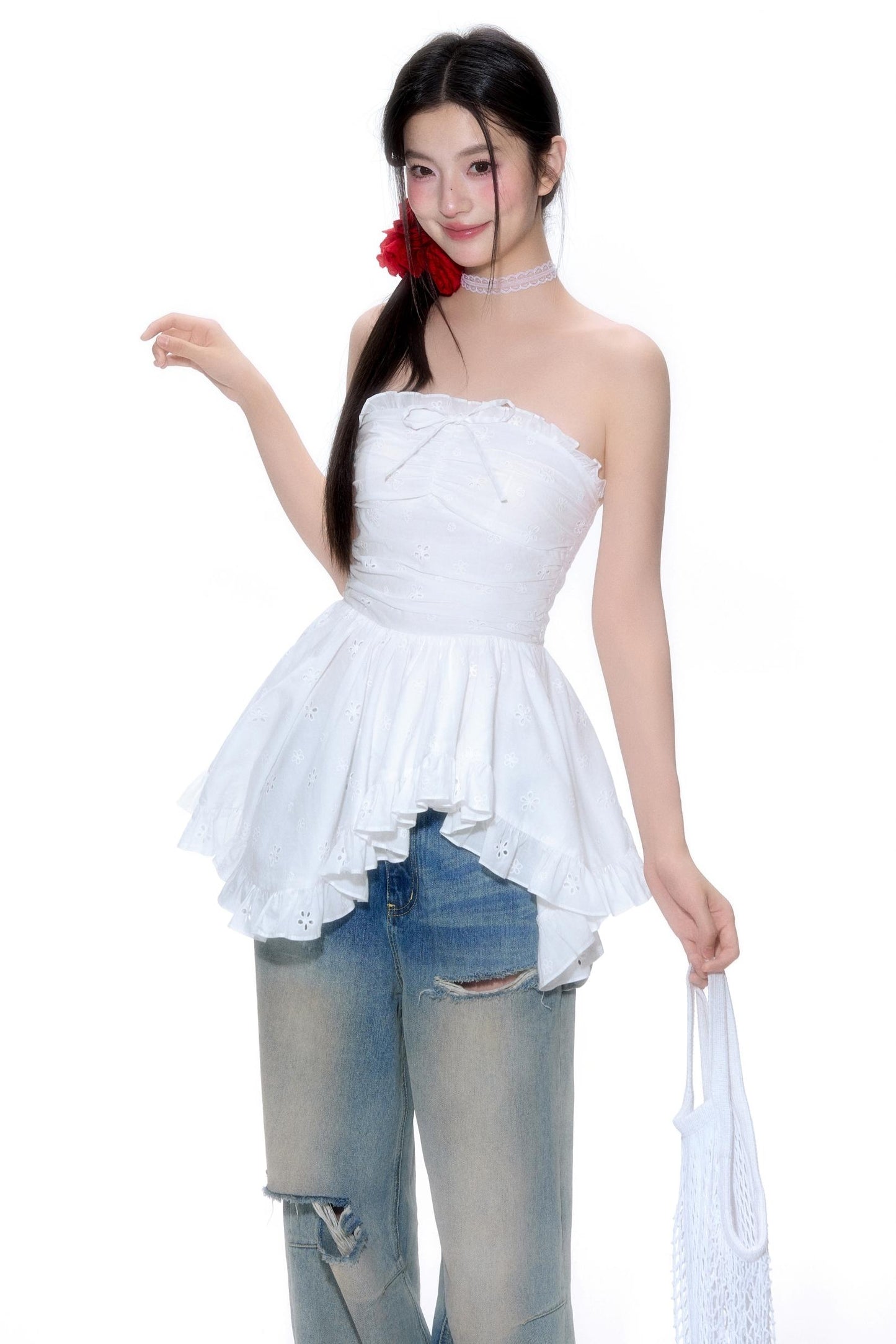 Hollow Lace Halter Top Jeans Set-Up