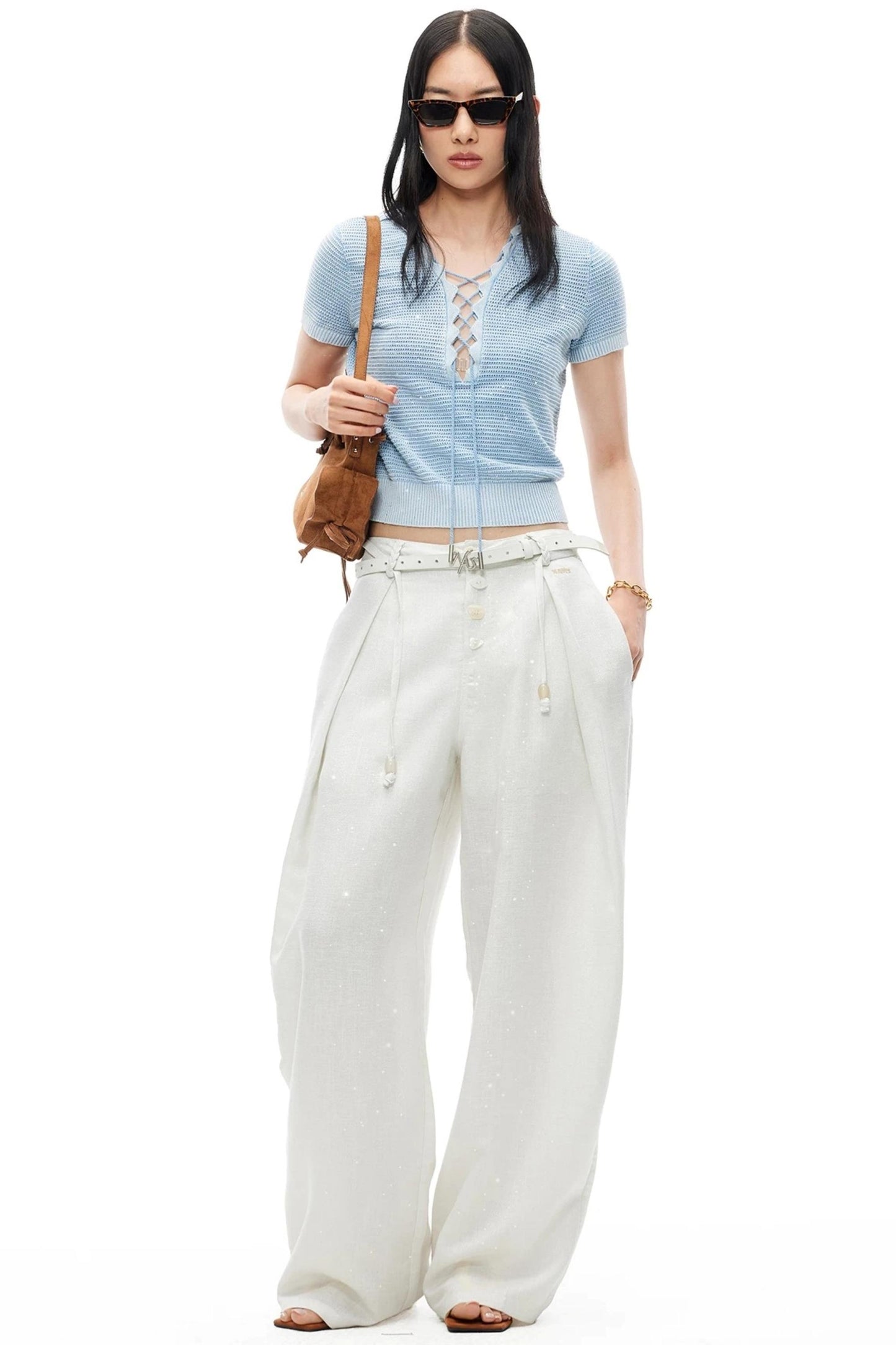 Vintage Openwork Knit V-Neck Tie-Up T-Shirt
