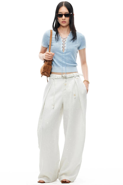Vintage Openwork Knit V-Neck Tie-Up T-Shirt