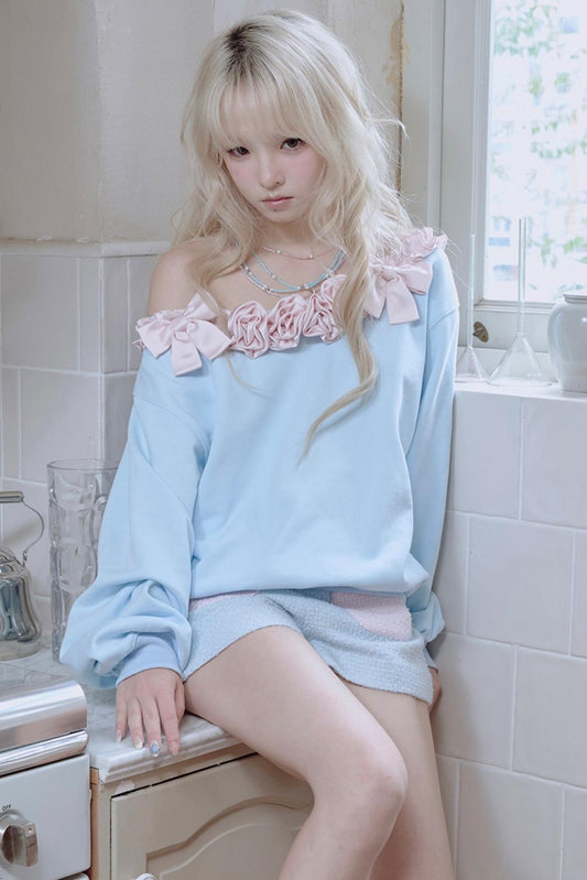 Pink Satin Rose Stitched Blue Top