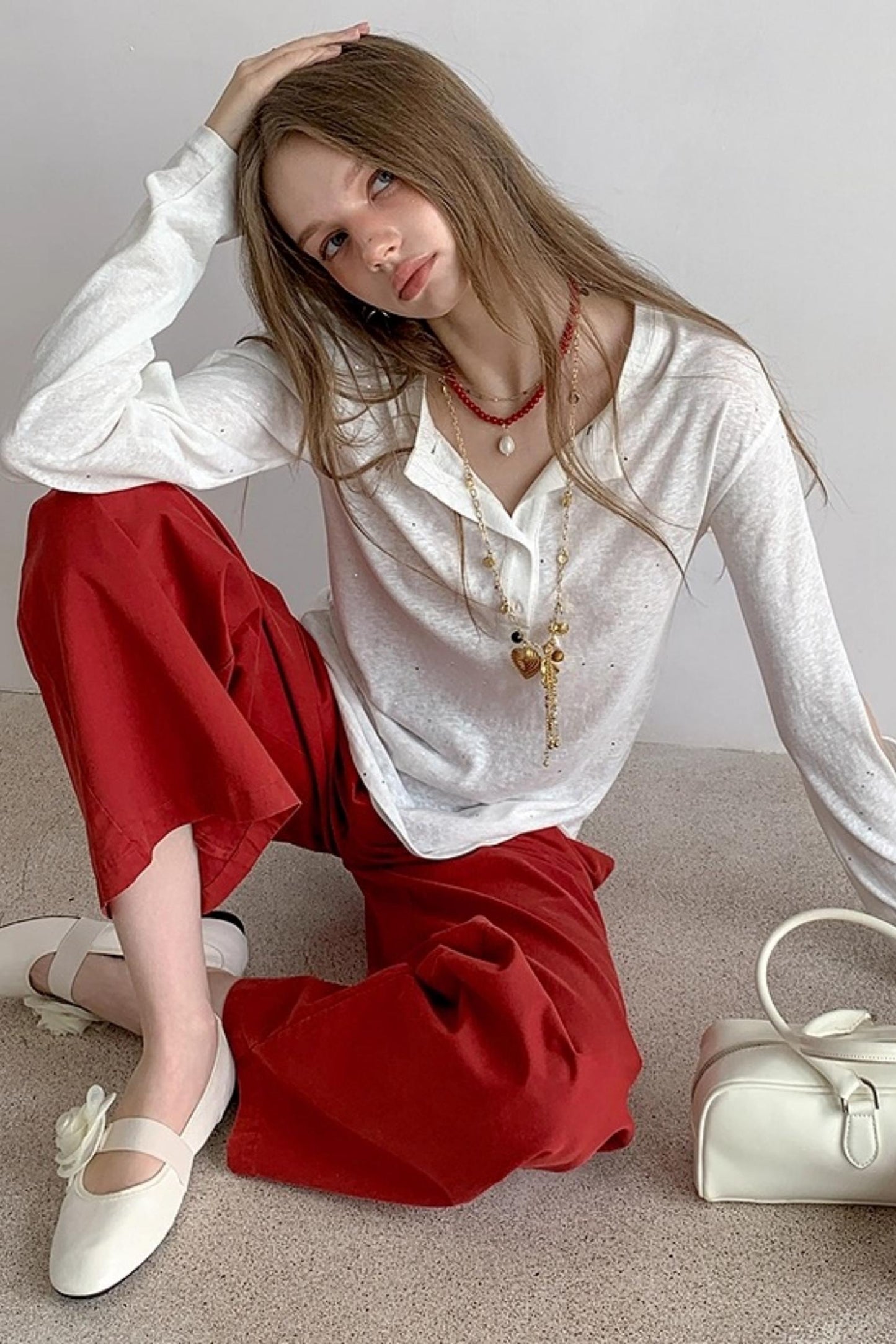 Henry Collar Design Loose Sequin T-shirt