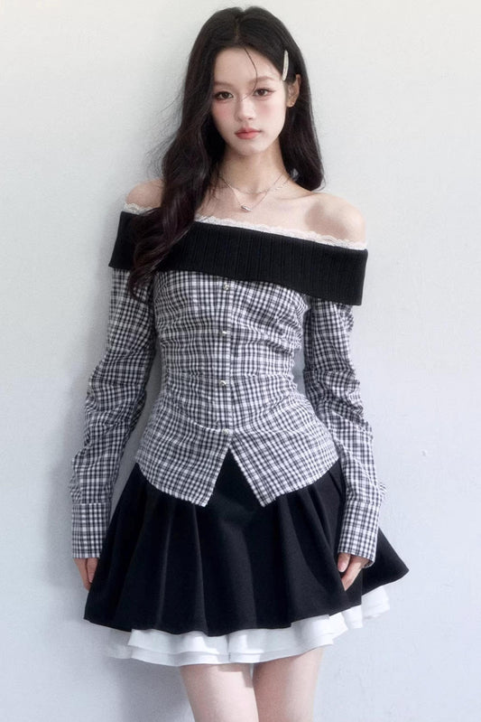 Plaid Off-Shoulder Slim Fit Shirt