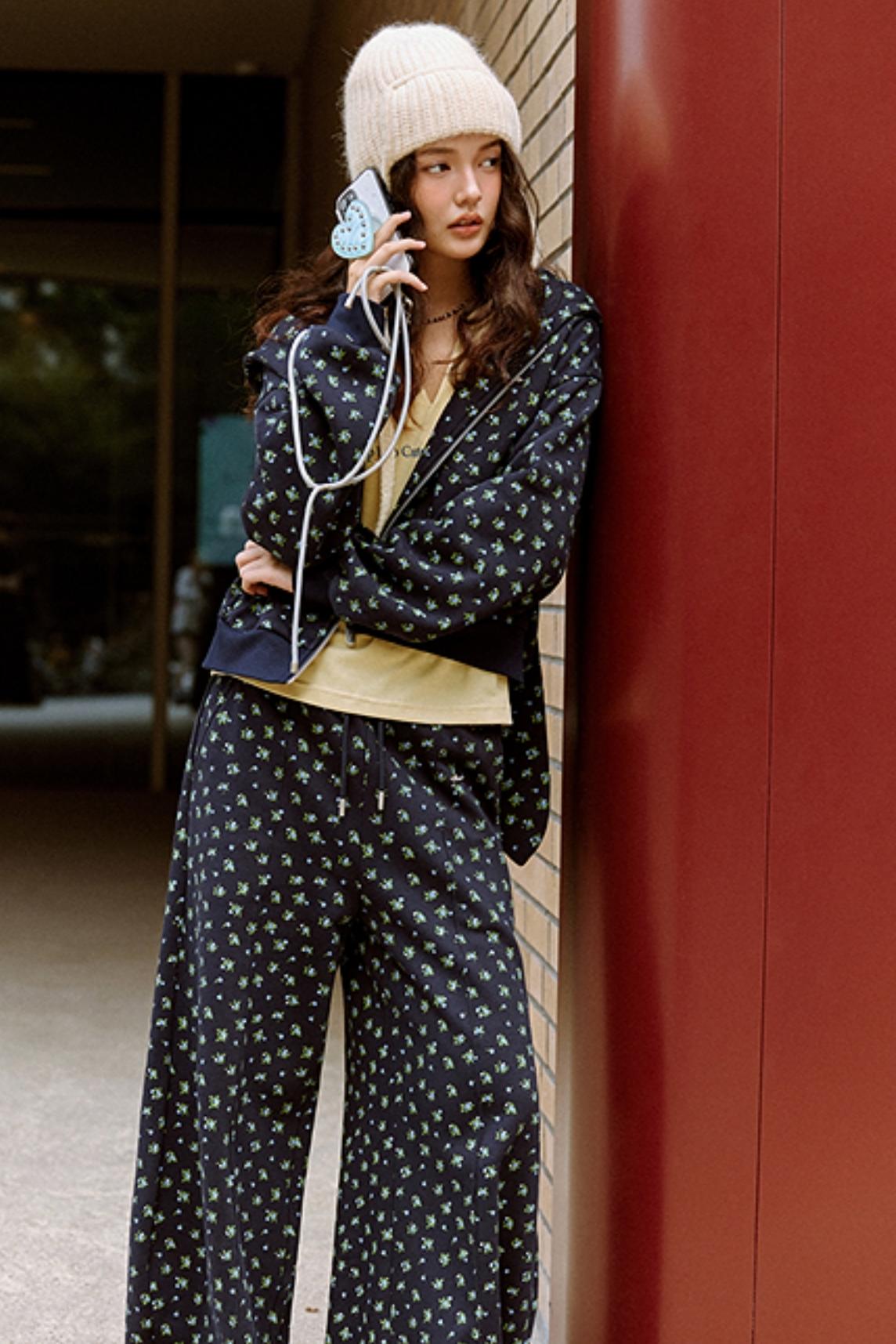 Navy Blue Floral Hooded Jacket Set-Up