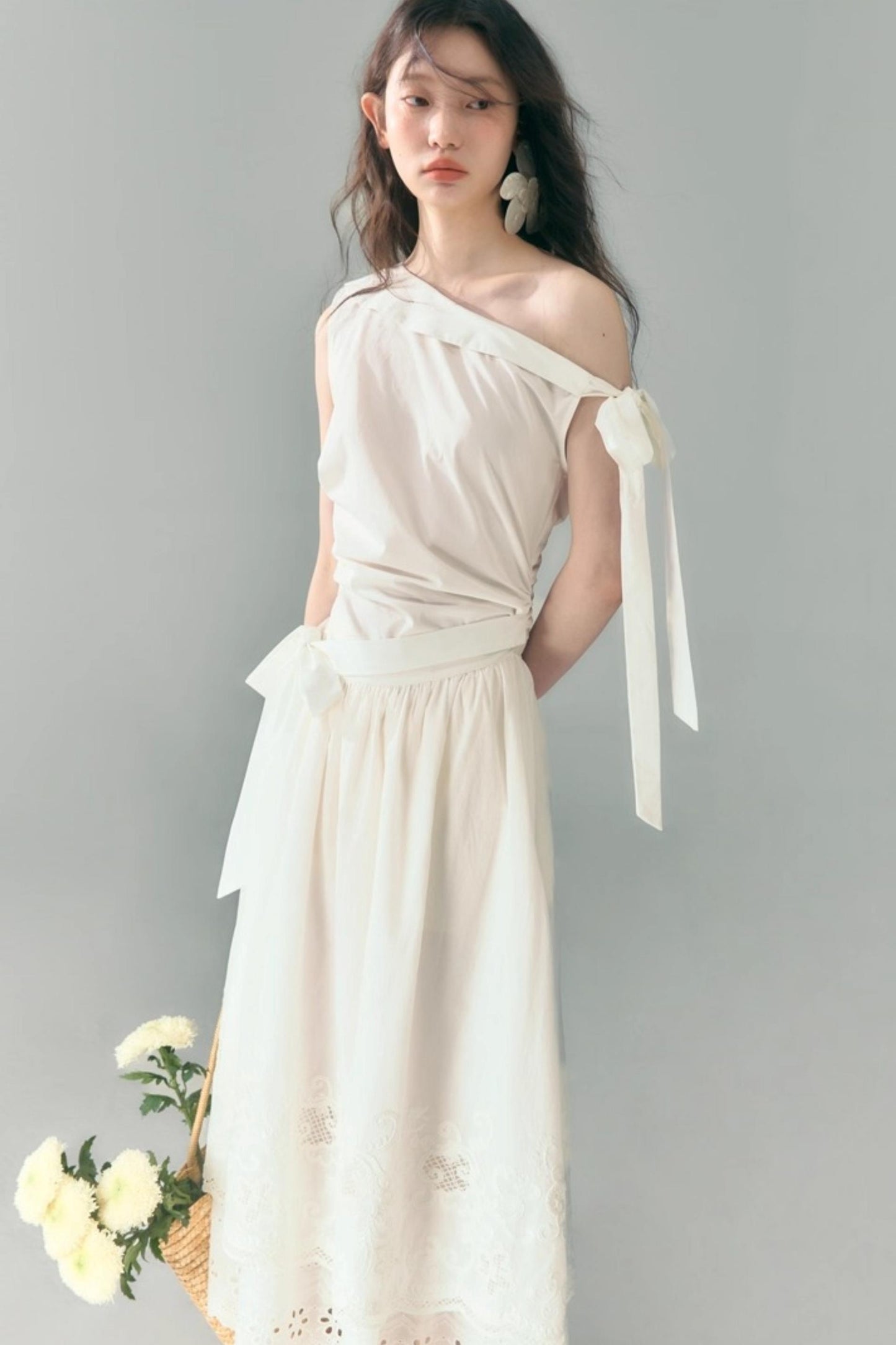 Slant Shoulder Tencel Cotton Dress