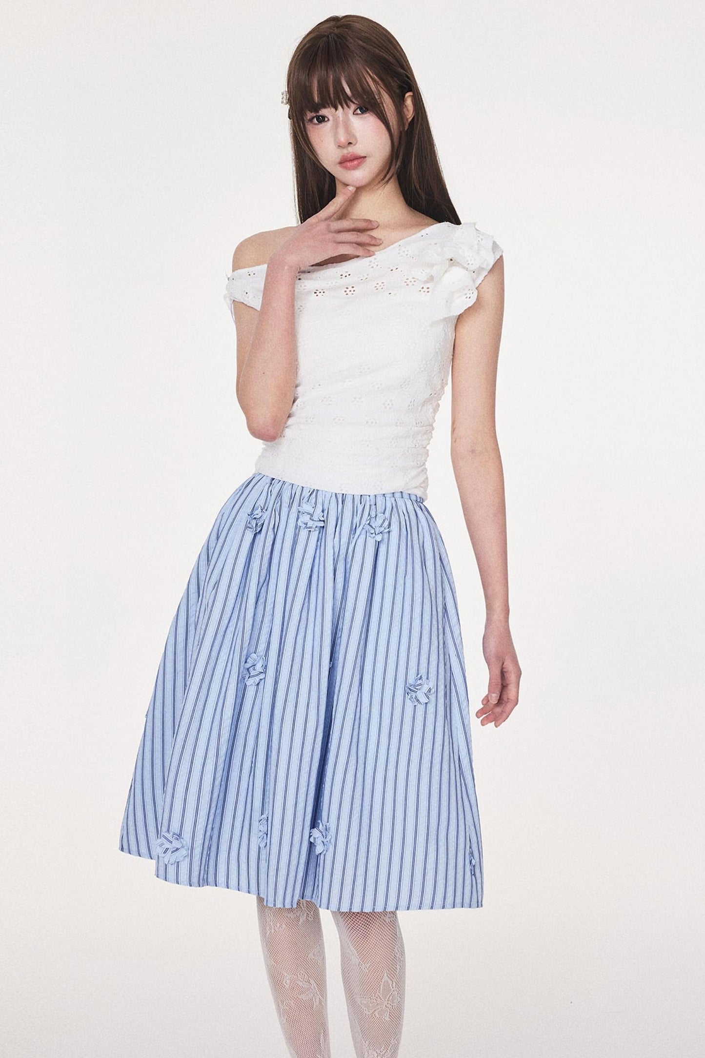 Blue Striped Flower Silhouette Skirt