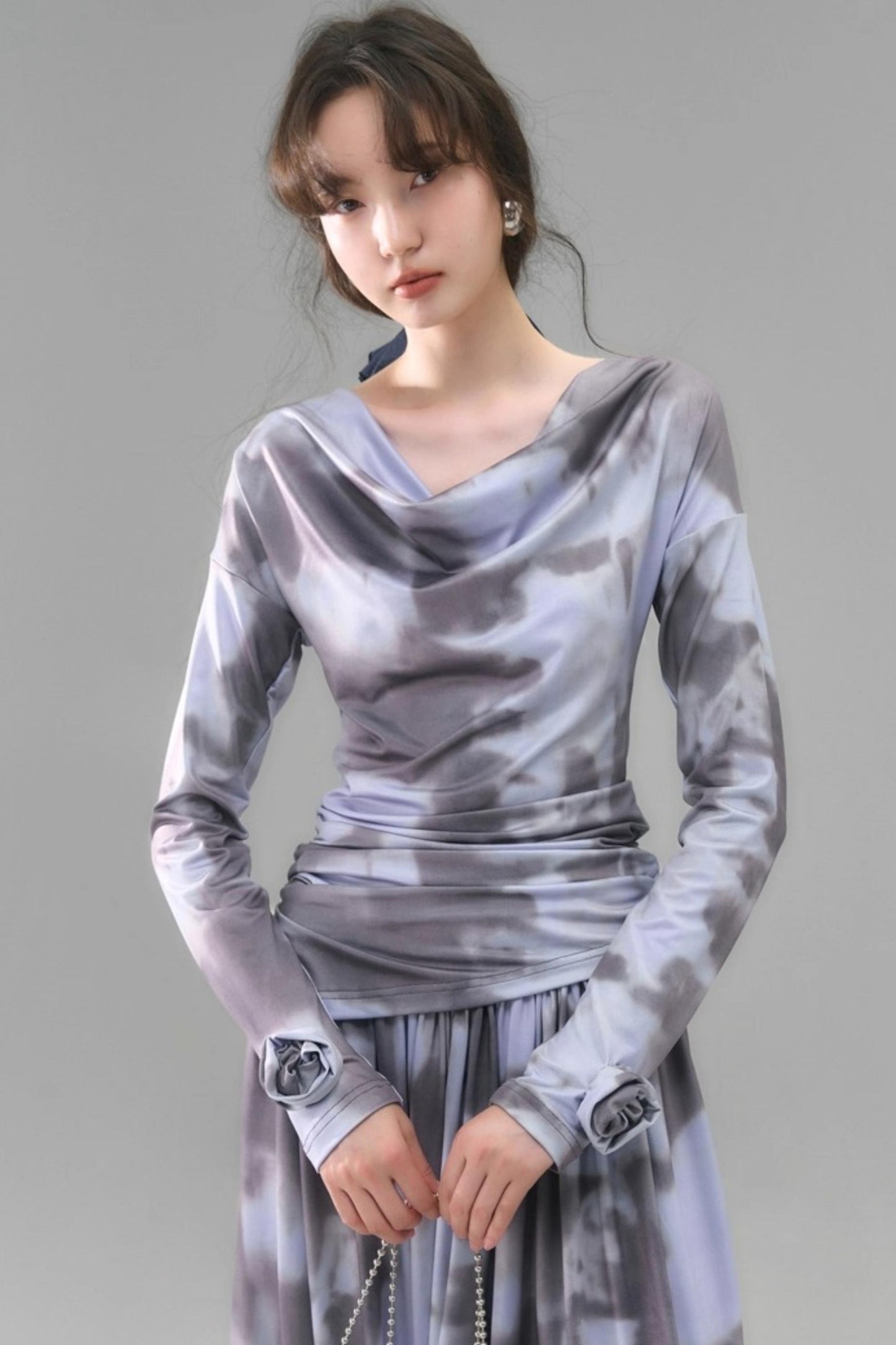 Poetic Swing Collar Print T-Shirt & Skirt Set-Up