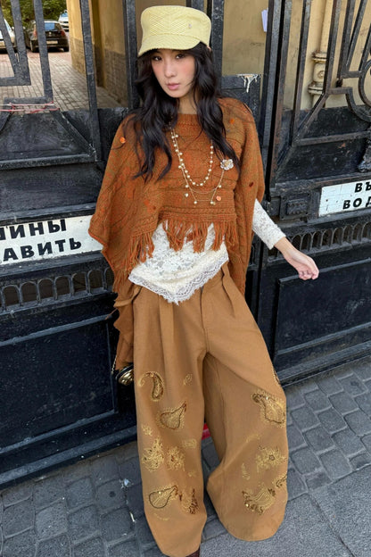 Cashew Flower Embroidered Wide-leg Pants
