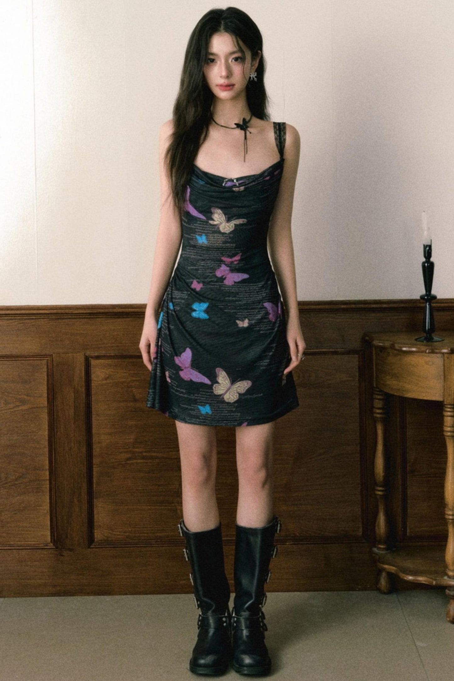 Butterfly Print Halter Dress