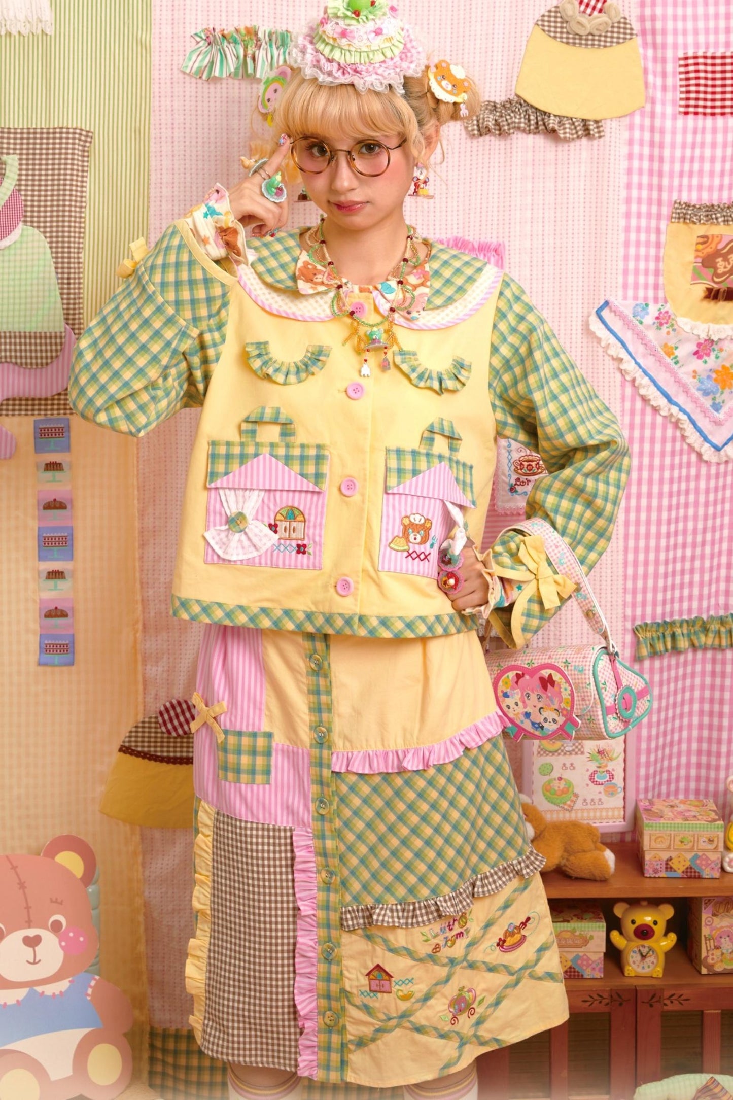 Patchwork Plaid Embroidered Top & Skirt Set-Up