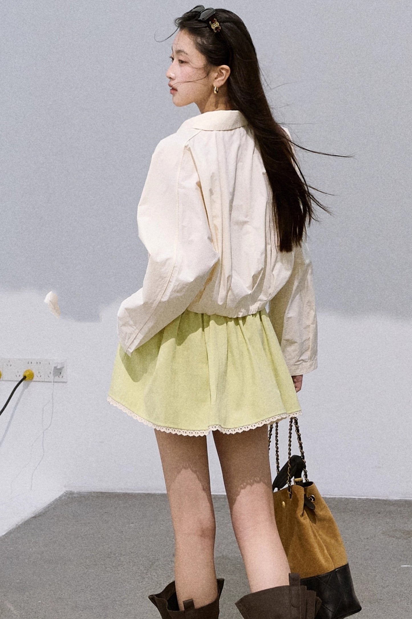 Lace-Up Pinch Pleated Cotton Shirt