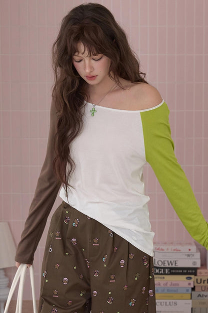 Off-Shoulder Color-Block T-Shirt