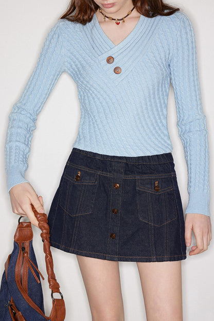 Twill Twist V-Neck Top