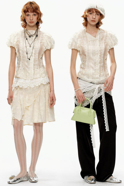 Beige Jacquard Puff Sleeve Blouse