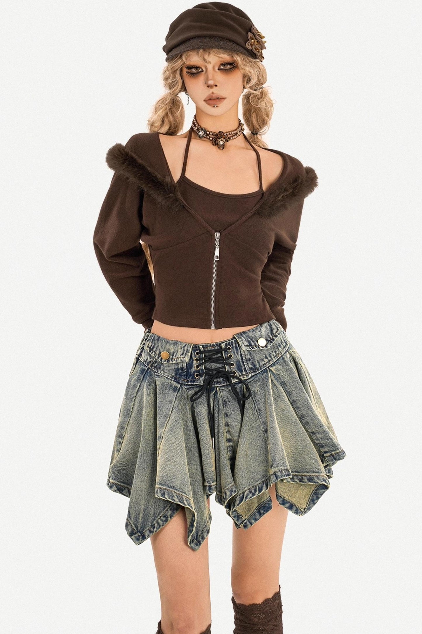 Dark Brown Patchwork Knit Sweater Set