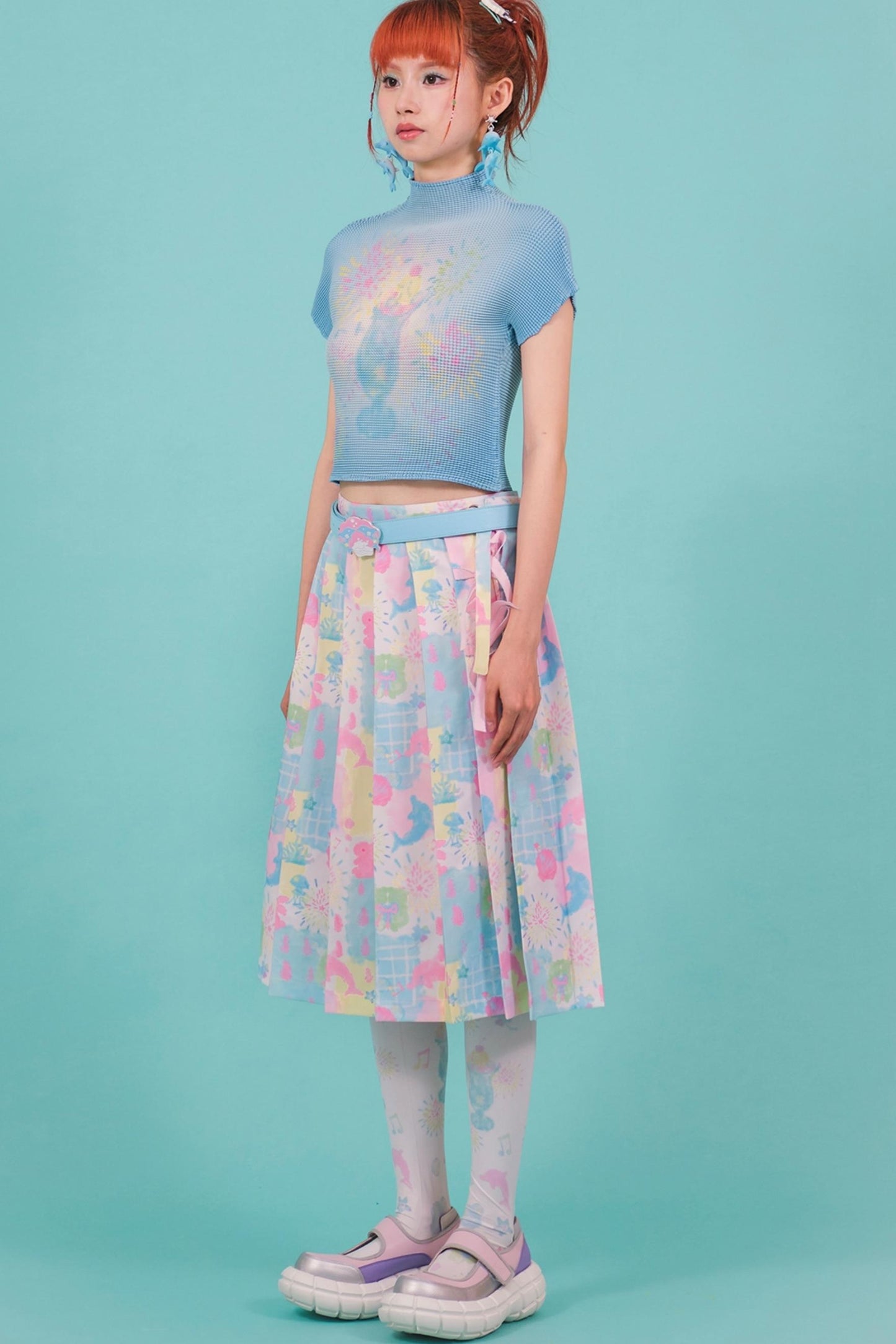 Dolphin Print Pleated Skirt