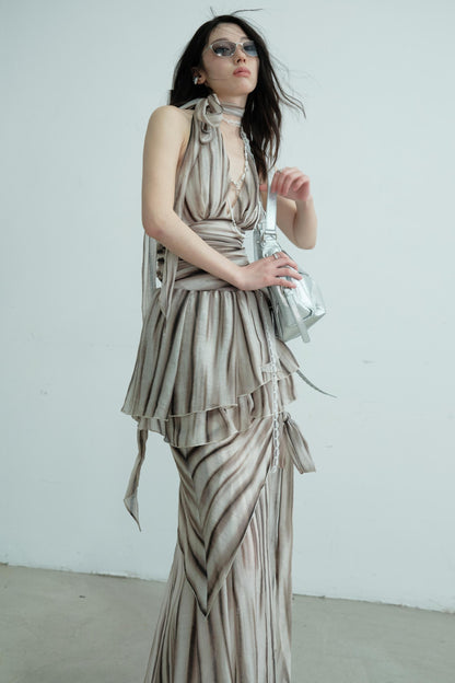 Pleated V-Neck Vest With Skirt Set