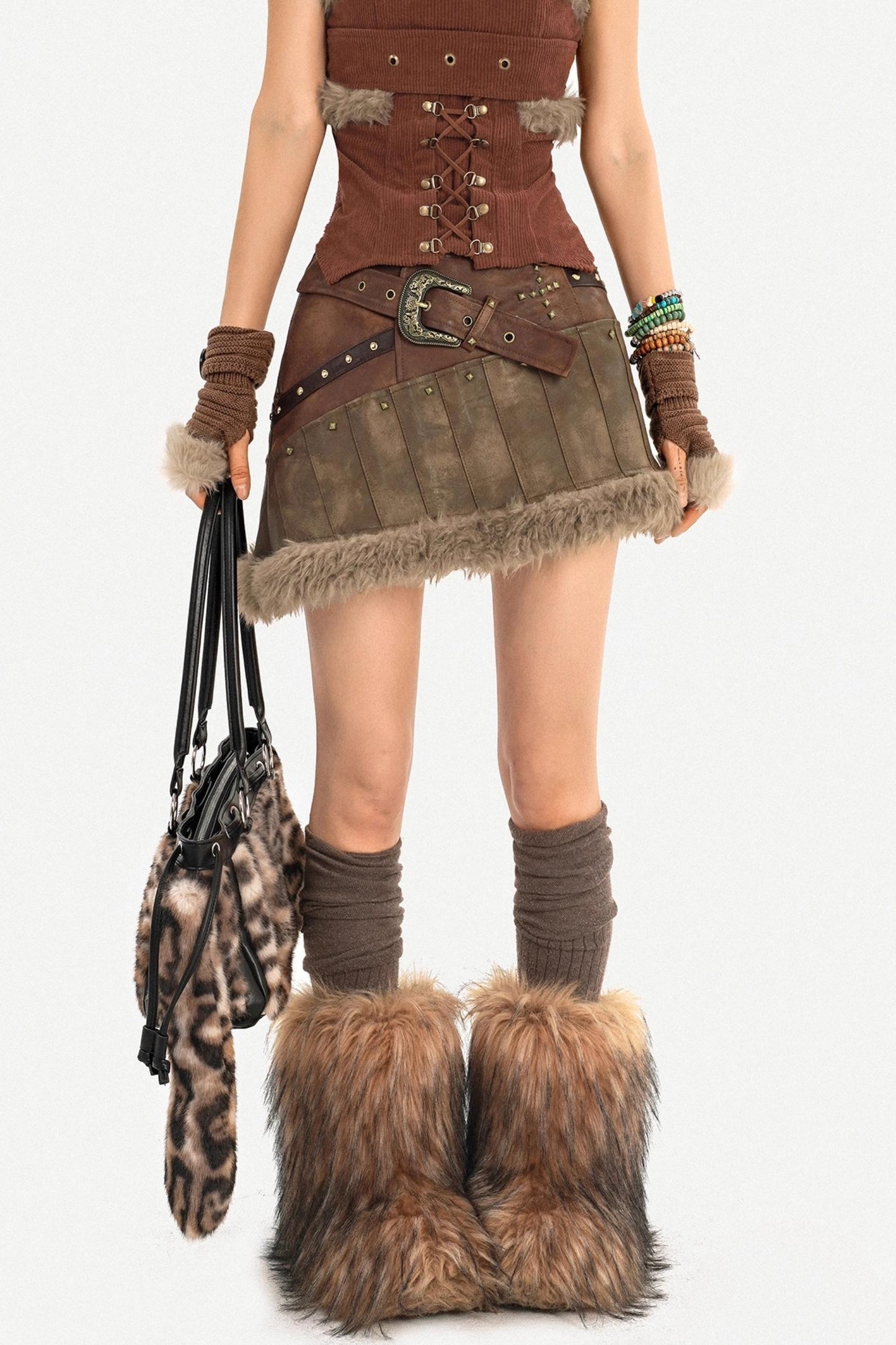 Furry Patchwork Leather Skirt Set-Up