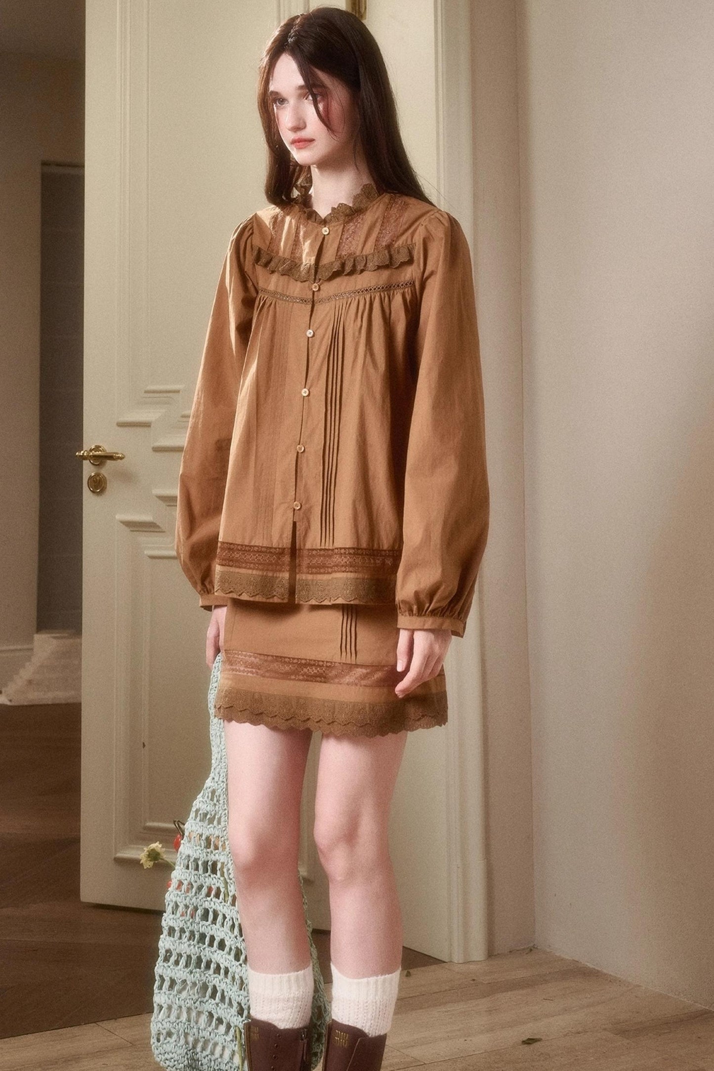 Cotton Lace Shirt With Skirt Set-Up