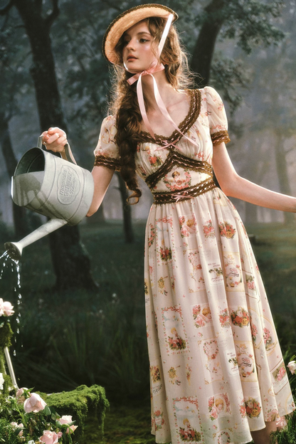 French Retro Lace Print Dress