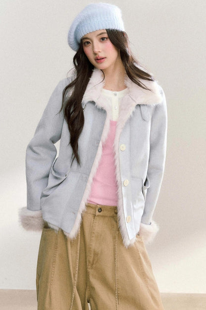 Suede Rivet Fur Collar Lapel Jacket