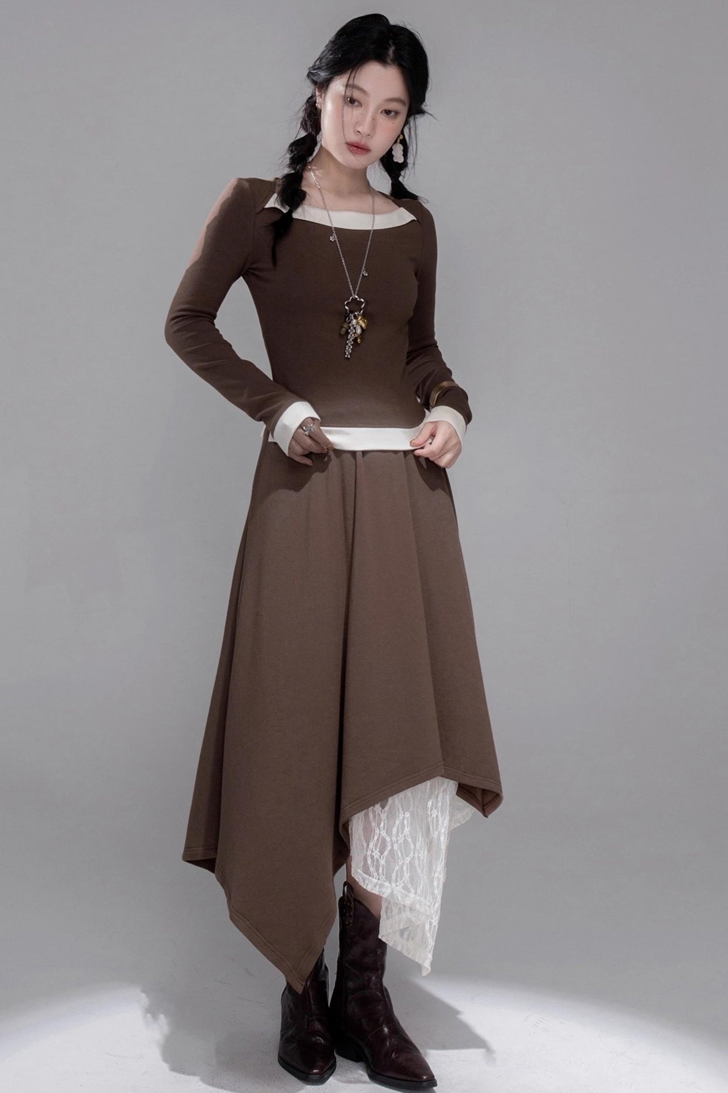 Collar Contrasting Knitted Top & Skirt Set