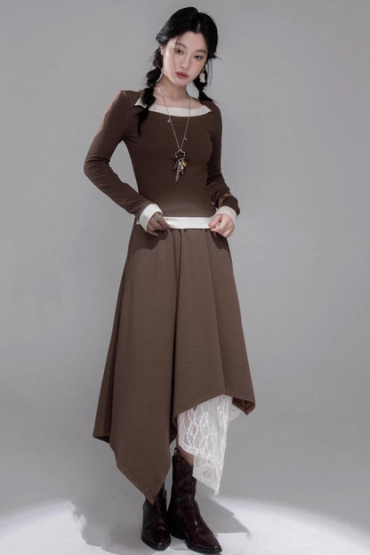 Collar Contrasting Knitted Top & Skirt Set