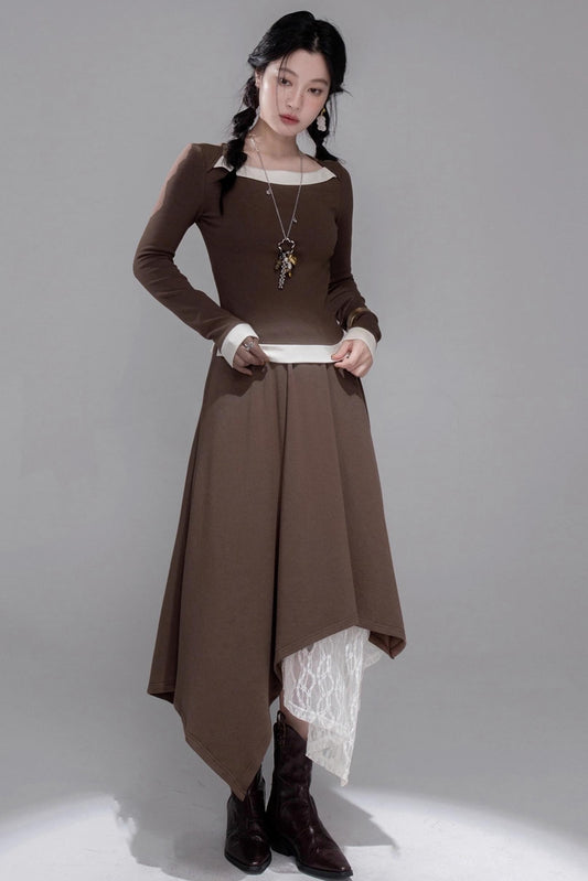 Collar Contrasting Knitted Top & Skirt Set