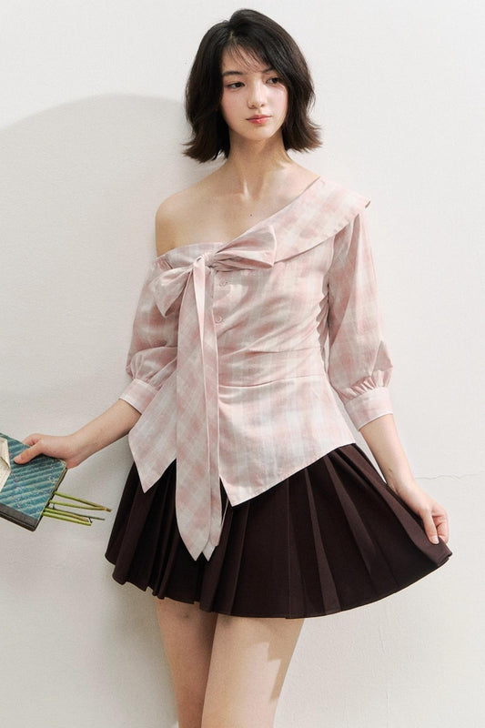 Plaid Bow One-Shoulder Waist Shirt