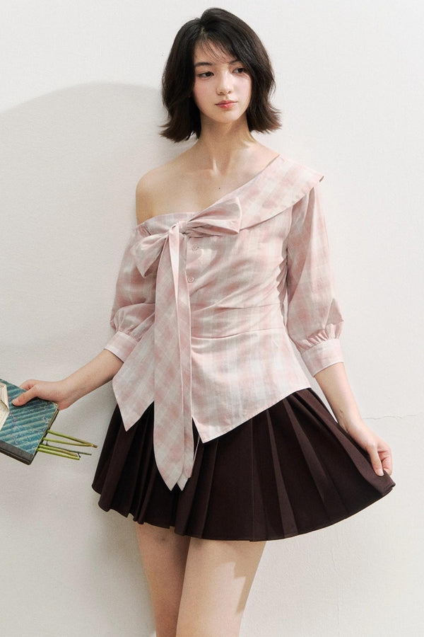 Plaid Bow One-Shoulder Waist Shirt