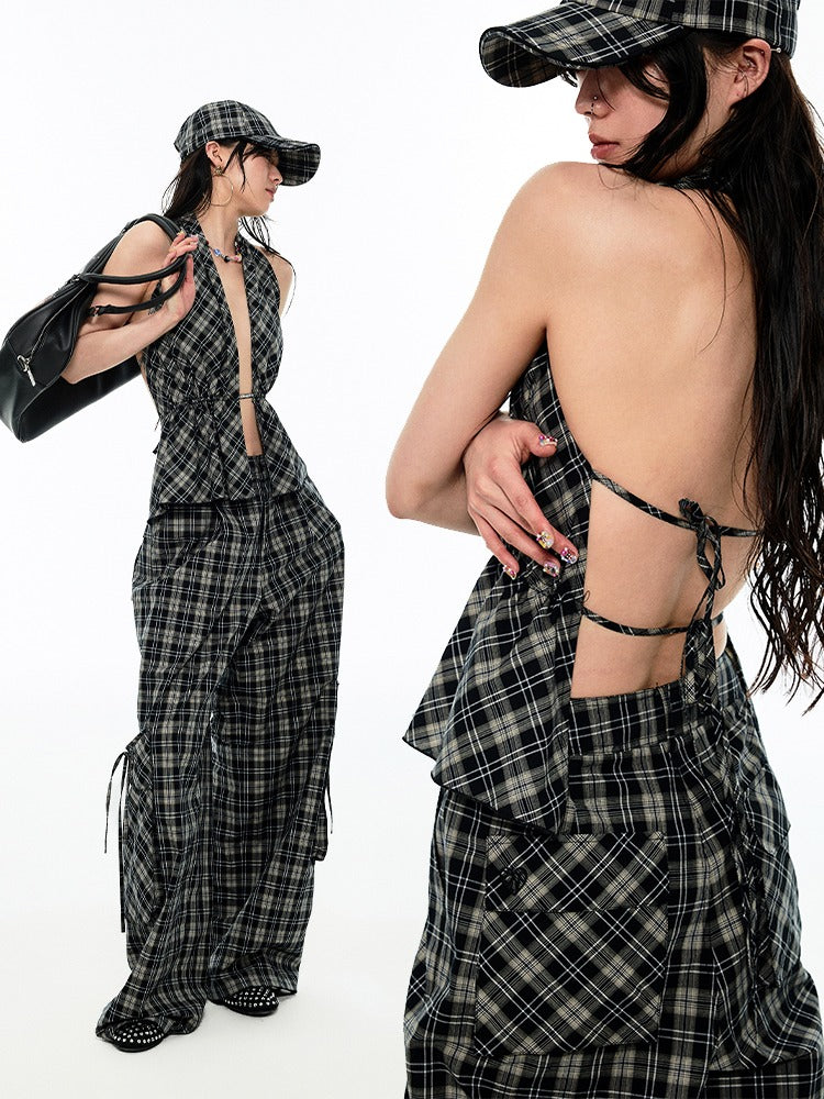 Multilayer Gradient Plaid Halter Backless Tops