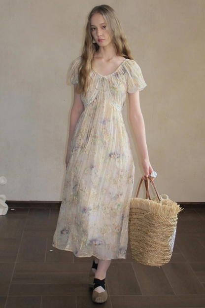 Embroidery Pleated Puff Sleeve Dress