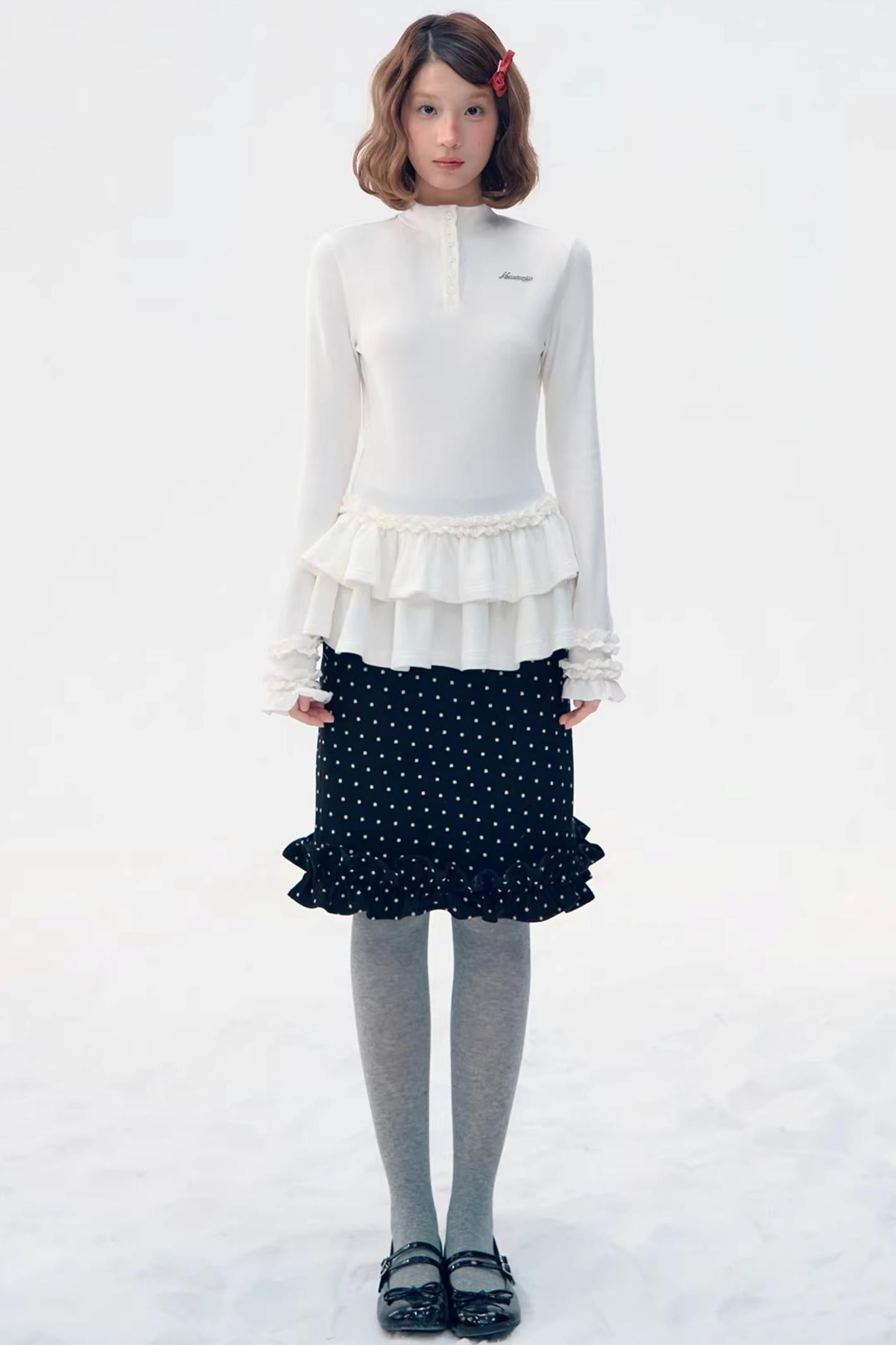 Six-Button Lace Hem Blouse Top