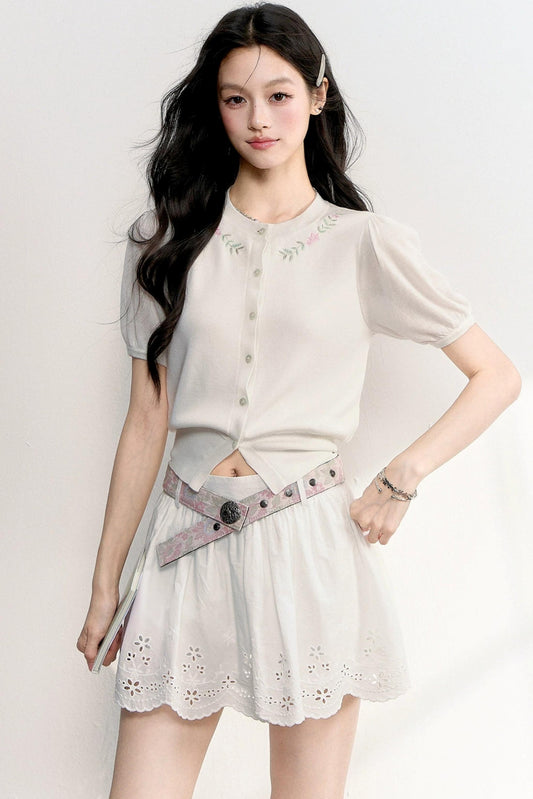 Embroidered Knit Cardigan Top Set-Up