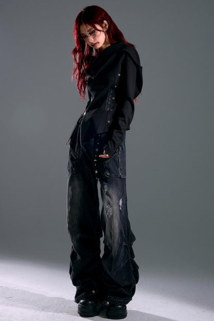 Hooded Asymmetrical Zip Knit Top