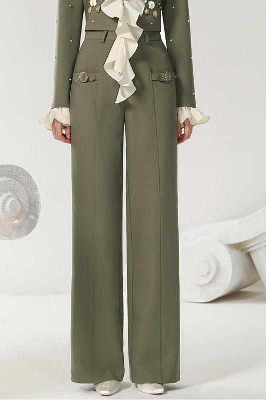 Army Green Loose Wide-Leg Pants