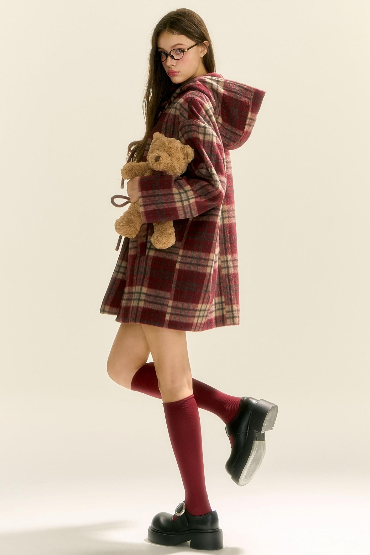 Plaid Bow Hoodie Coat Dress