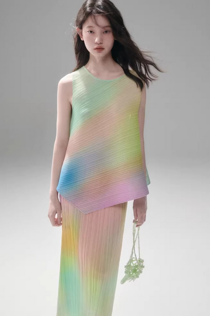 Rainbow Gradient Pleated Vest Set-Up