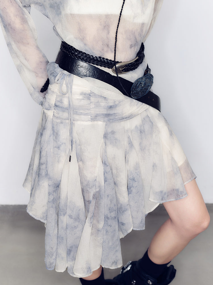 Tie-dye see-through top & ruffle skirt set-up