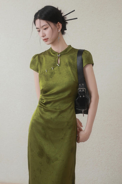 Summer Green Satin Cheongsam Dress