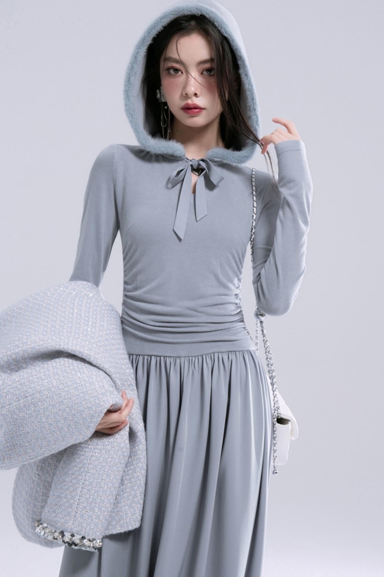 Hooded Gray Knit Dress