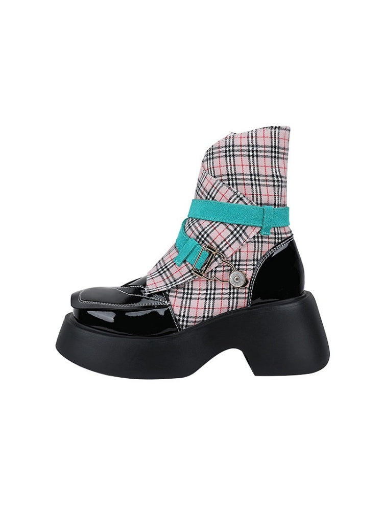 Niche Punk Style Plaid Pattern Side Zip Martin Boots