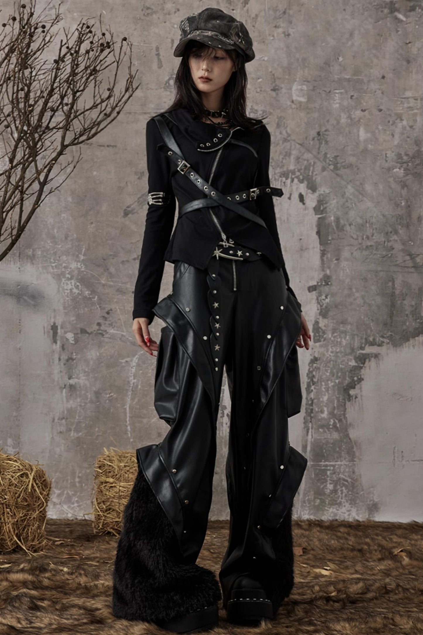 Autumn Punk Wide-Leg Leather Pants