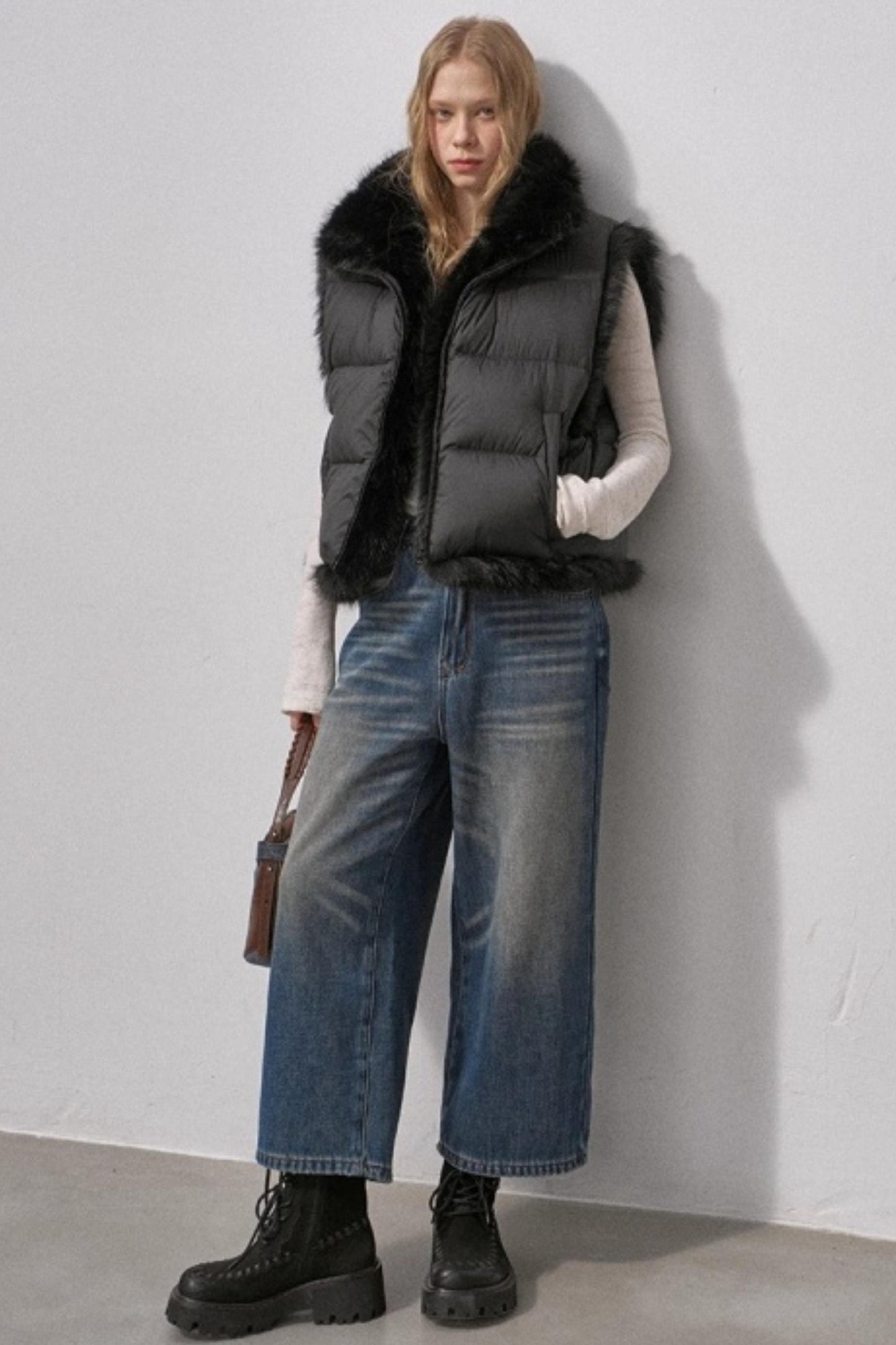 Retro Fleece-Lined Cropped Jeans