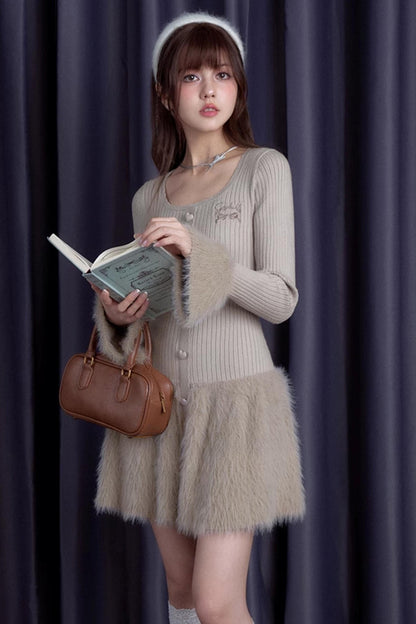 Sweet Knitted Fur Skirt Dress