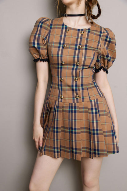 Bubble Sleeves Plaid Dress
