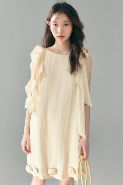 Three-Dimensional Rose Lace Linen-Blend Dress