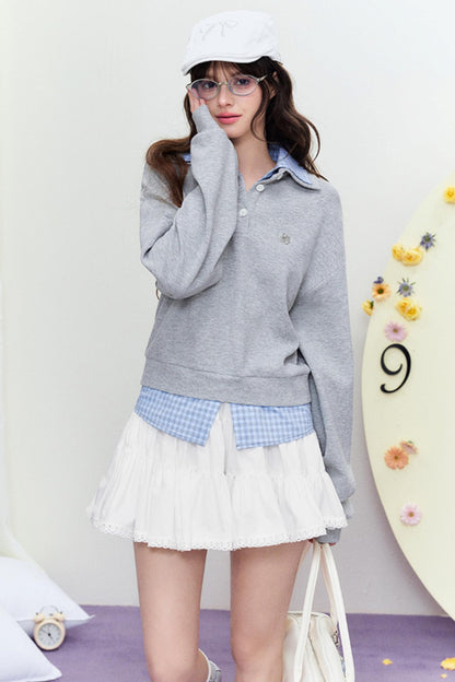 Plaid Splice Polo Sweater