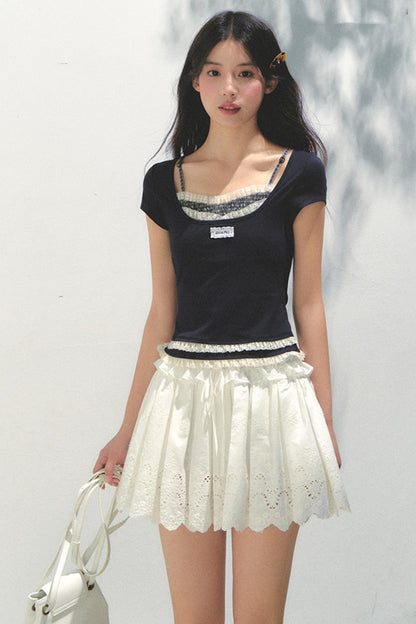 Navy Pleated Embroidered Skirt