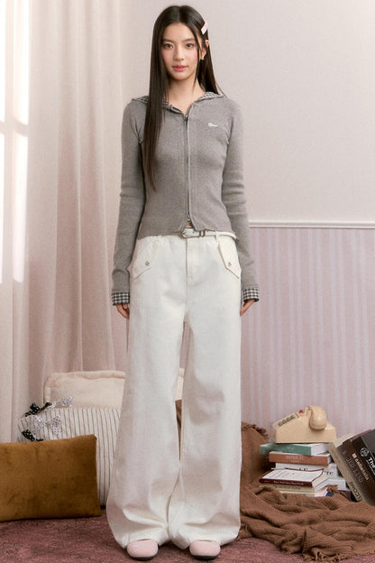 Small Flower Pocket White Jeans